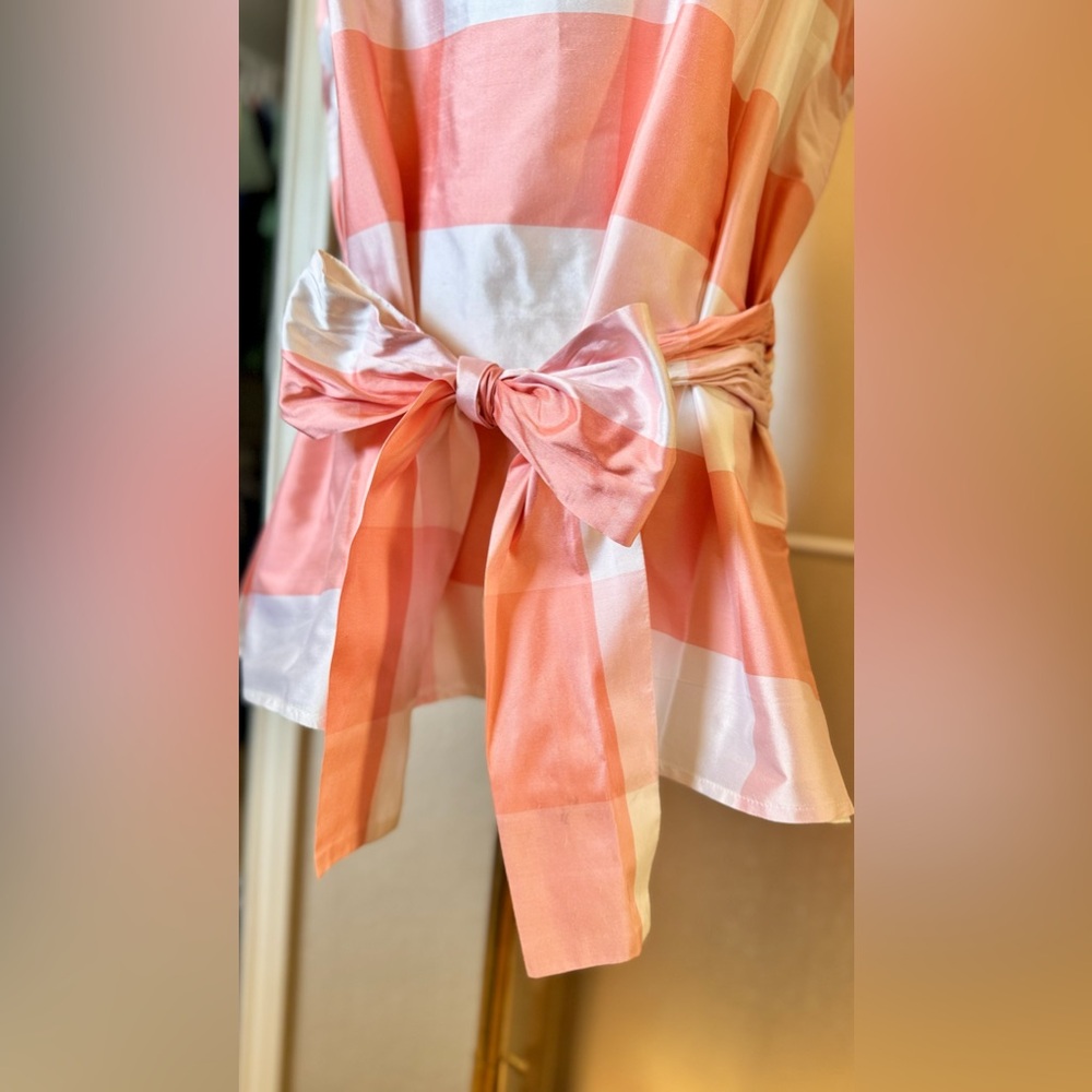SARA CAMPBELL Silk Peach Plaid Bow Sash Tie Waist Sleeveless Blouse Fully Lined - Picture 4 of 16